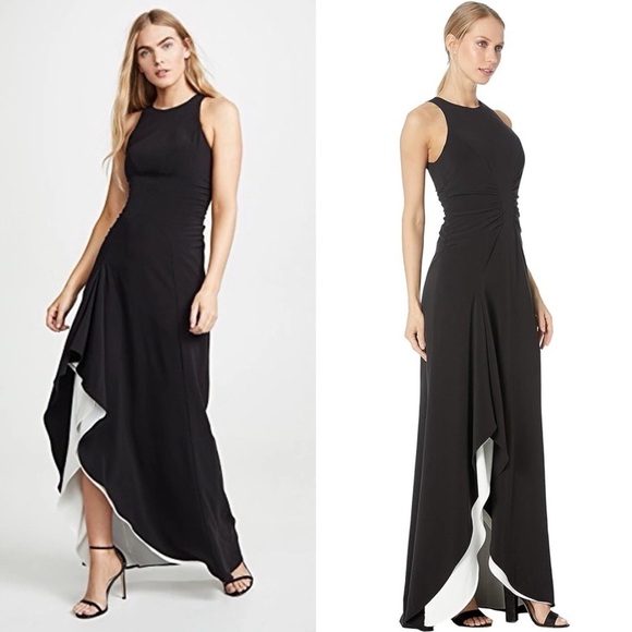 HALSTON Sleeveless Draped Gathered Asymmetrical Two Tone Ruffle Flounce Gown 6 - Picture 1 of 13